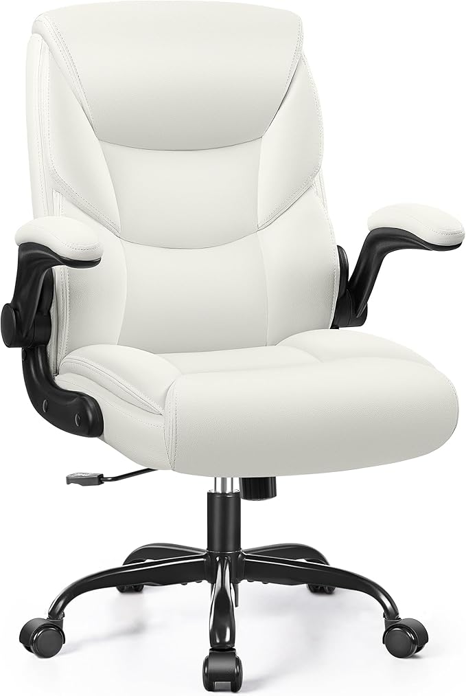 FelixKing Leather Office Chair, Small PU Ergonomic Desk Chair, Comfy Computer Chair with Wheels and Flip-up Armrests, Adjustable Height Mid Back Executive Office Chair for Short People-White