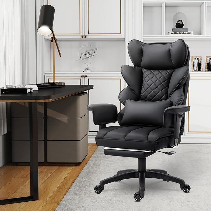 Dowinx Big and Tall Office Chair, High Back PU Leather Computer Gaming Chair with Pocket Spring Cushion, Adjustable Armrests, Lumbar Support, and Footrest –Deep Black