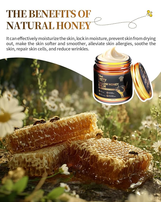 Organic Beef Tallow for Skin Grass-Fed Tallow Balm with Raw Wild & Honey Tallow Moisturizer for Eczema & Rosacea，Non-Comedogenic,Beef Tallow for Face Dry Sensitive Skin,4oz-Unscented