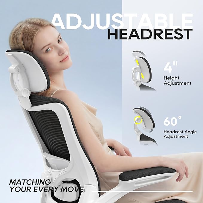 Ergonomic Office Chair, High Back Mesh Desk Chair with Adjustable Lumbar Support & Headrest, Flip-up Armrest, Computer Task Chairs for Home and Executive Office (W-Black)