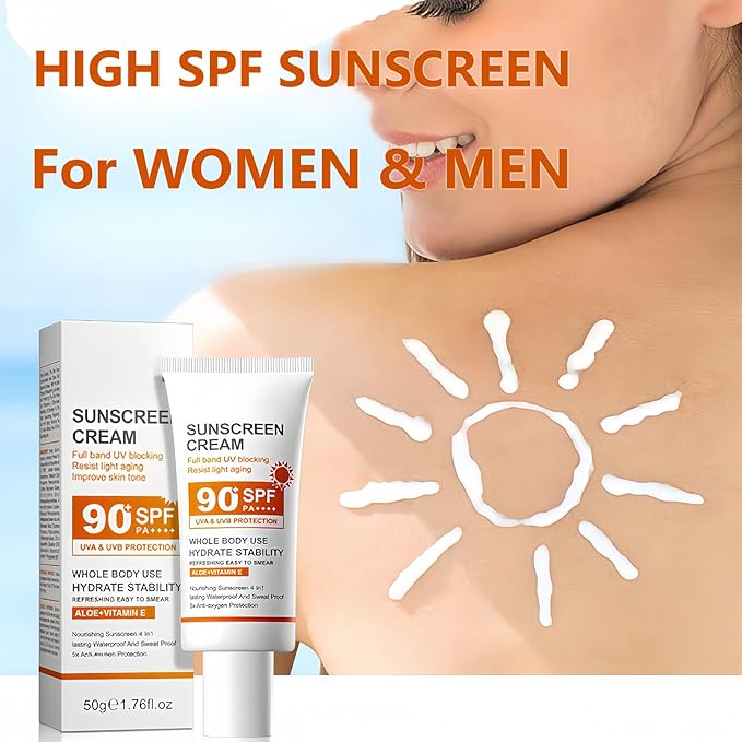 SPF 90+ Sunscreen Cream 2 Pack, Broad Spectrum UVA/UVB Protection Face & Body Sun Lotion with Aloe Vera & Vitamin E, Lightweight, Non-Greasy, Water & Sweat Resistant Daily Sun Defense
