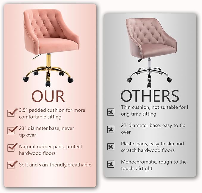 MOJAY Velvet Home Office Desk Chair, Vanity Chair with Wheels Pretty Fancy Gold 360°Swivel Height Adjustable Office Chairs for Girls Home Offices, Bedrooms, Living Room (Pink)