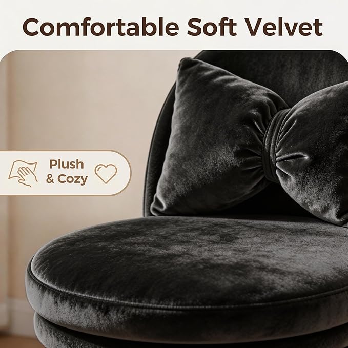 GTPOFFICE Vanity Chair with Back, Adjustable Tall Office Chair High Swivel Bar Stools Fluffy Cute Desk Chair Comfy with Wheels Bow Pillow Armlees for Adults Standing Desk Bar, Soft Velvet, Black