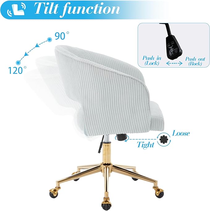 Home Office Chair Swivel Corduroy Fabric Desk Chair Accent Armchair Upholstered Tufted Chairs with Gold Base for Girls Women Ergonomic Study Seat Computer Task Stools for Living Room(Light Blue)