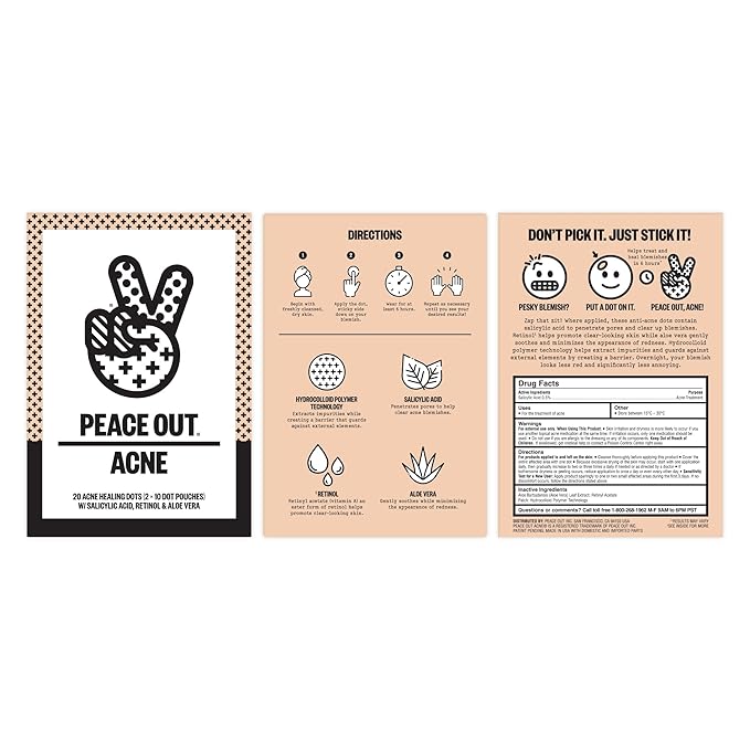 PEACE OUT Acne Day & Night Duo, Invisible Acne Patches for Day + Healing Overnight Acne Treatment, Clear Blemishes Fast with 2% Salicylic Acid, Retinol & Aloe Vera, 20 Dots