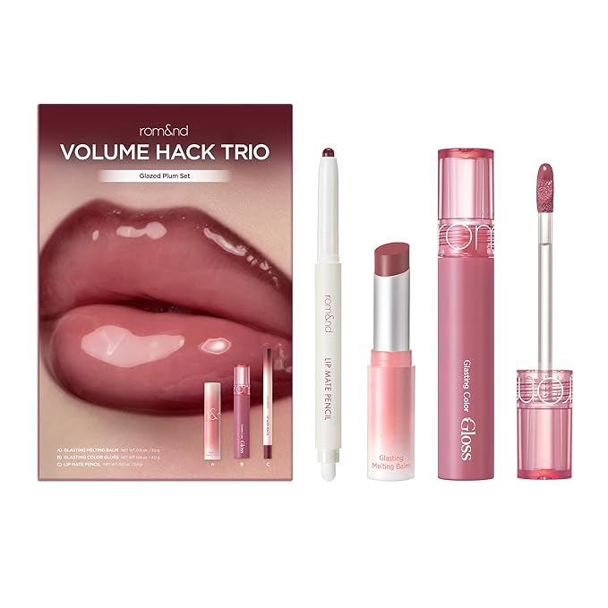 rom&nd Volume Hack Trio Glazed Plum Lip Set | Plumping, Hydrating K-Beauty Lip Kit for High-Shine, Irresistible Pouts