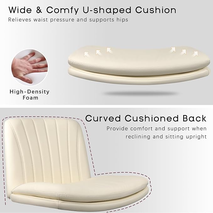 PUKAMI Criss Cross Chair,Comfy Cross Legged Office Desk Chair No Wheels,Modern Fabric Swivel Adjustable Height Mid Back Wide Seat for Home Office Computer (Pu Beige with Wheels)