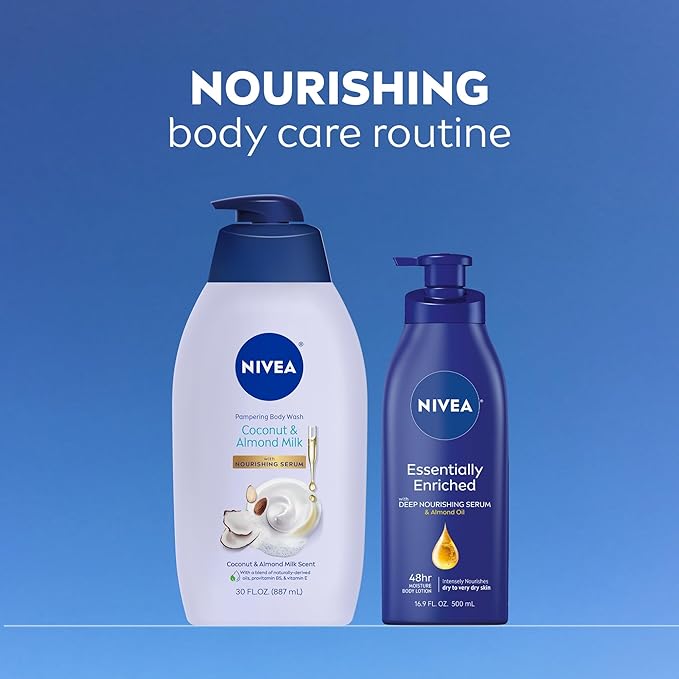 NIVEA Pampering Coconut and Almond Milk Body Wash with Nourishing Serum,Moisturizing Body Wash for Women,Enriched with Provitamin B5 and Vitamin E,30 Fl Oz Bottle,(Pack of 2)