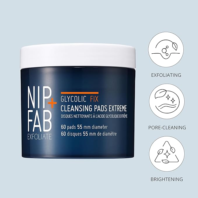 Nip + Fab Glycolic Fix Night Pads Extreme (60 Count) – 5% Glycolic Acid Exfoliating Face Pads with Salicylic Acid – Resurfacing AHA BHA Chemical Peel for Blemishes & Texture