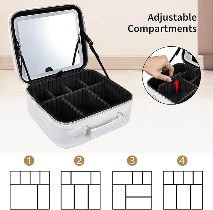 Travel Makeup Bag with LED Mirror 3 Color Modes,10.2-in White Vegan Leather Makeup Organizer Bag with Adjustable EVA Dividers and Independent Brush Panel