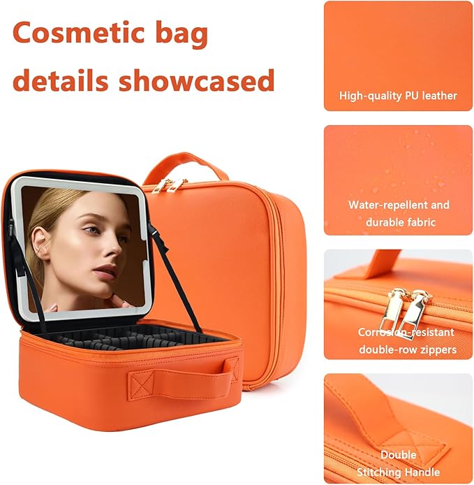 Makeup Bag with Led Mirror,Large Vanity Makeup Cases with 3 Color Setting,Portable Storage and Adjustable Dividers,for Women and Makeup Artists Cosmetic Organizer Travel Makeup Bag-Orange