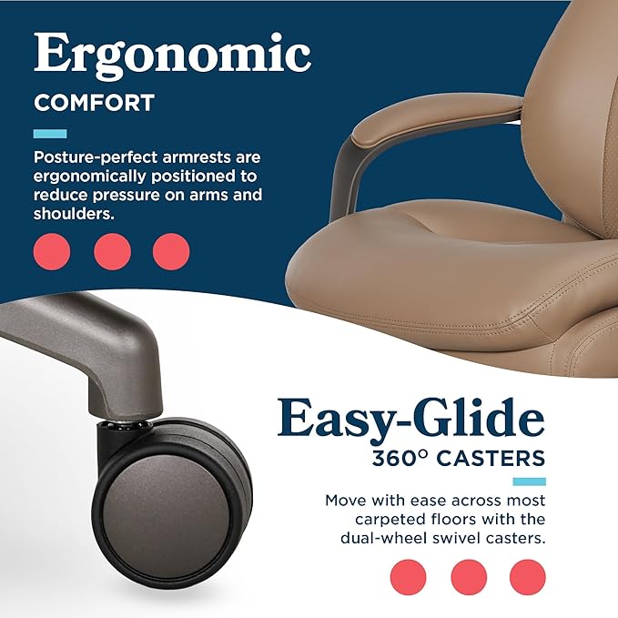 La-Z-Boy Nova Executive Office Chair - Ergonomic High Back Desk Chair with AIR Lumbar Support - Comfortable Computer Chair for Home Office - Vegan Leather - Light Tan
