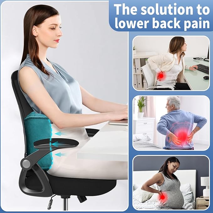 Lumbar Support Pillow for Study Desk Chair, Bite-Size Natural Latex Foam Back Support Pillow for Lower Back Pain Relief, Soft & Support Corduroy Office Chair Cushion, S, Blue