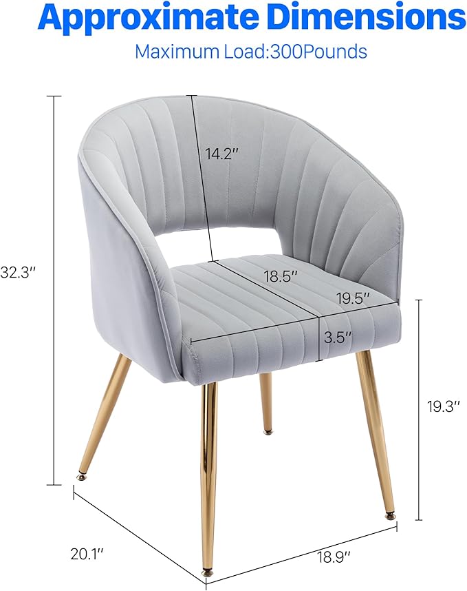 Home Office Chair Velvet Desk Chair Accent Armchair Upholstered Modern Tufted Chairs with Gold Legs for Girls Women Ergonomic Study Seat Computer Task Stools for Living Room(Light Gray)