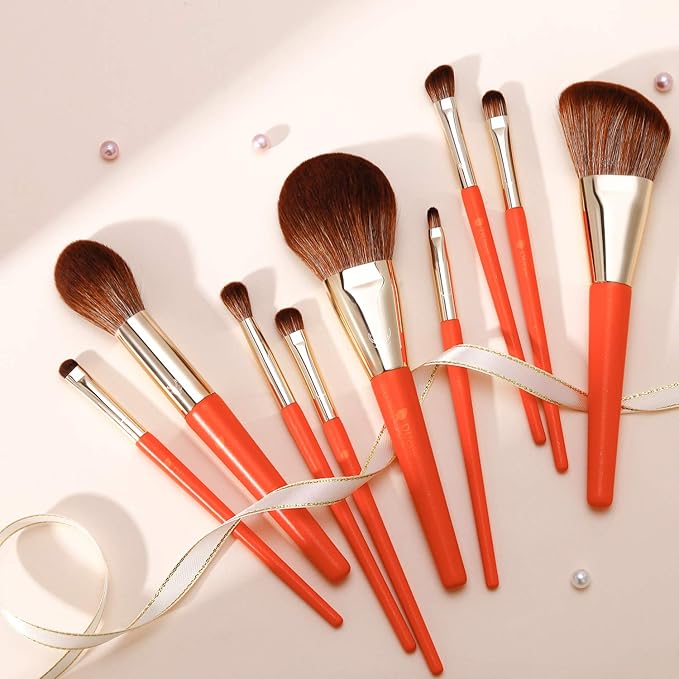 DUcare Travel Makeup Brushes with Pouch, 9Pcs Vegan Makeup Brush Set - Face & Eye Brush Kit for Powder Contour Blush Concealer Eyeshadow Blending & Detailing, Synthetic Bristles,Orange