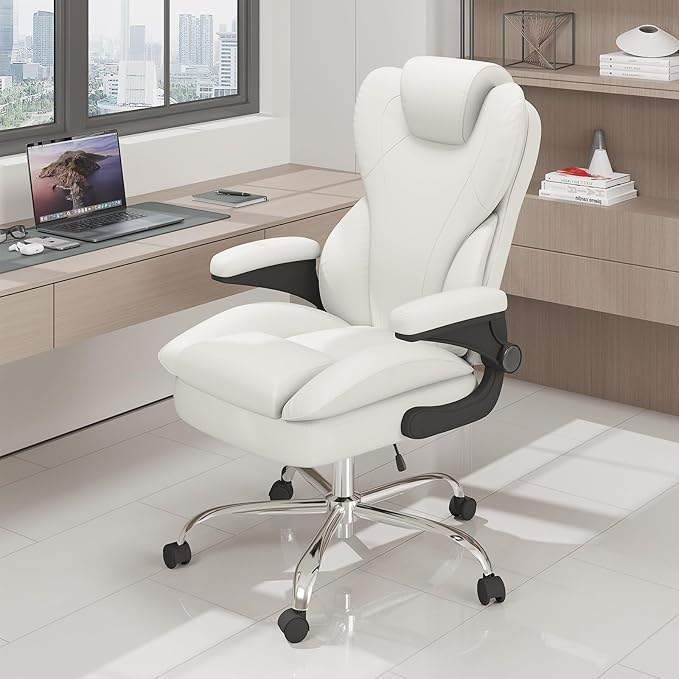 Office Desk Chair, Executive Leather Office Chair, High Back Ergonomic Home Desk Chair with Padded Flip-up Arms, Big and Tall Computer Chair with Rocking Function, 360°Swivel Free, White
