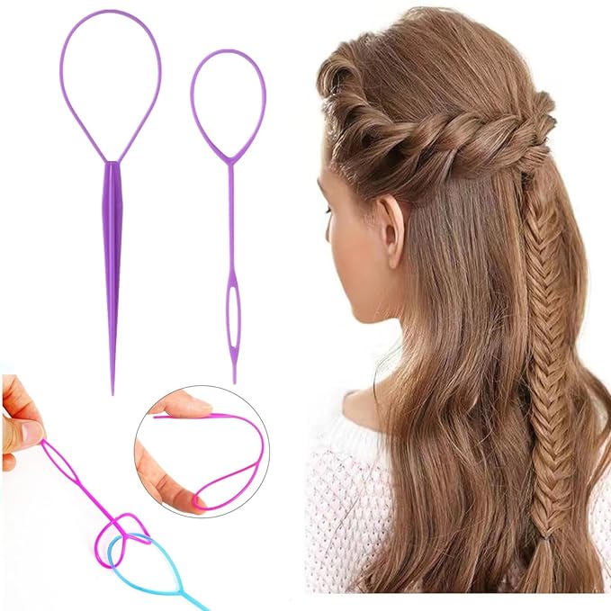 Topsy Tail Hair Tool Set - 6pcs Loop Styling Tool, Ponytail Pull Through, Two Sizes, 3 Colors (Pink/Purple/Blue) for Women, Girls & Kids