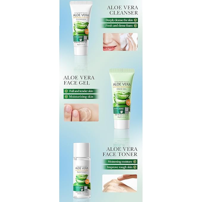 1 PC Travel Size Aloe Vera Facial Cleanser + Toner +Moisturizing Gel, Soothing Nourishing Calming Hydrating Refreshing Aloe Vera Skin Care Set