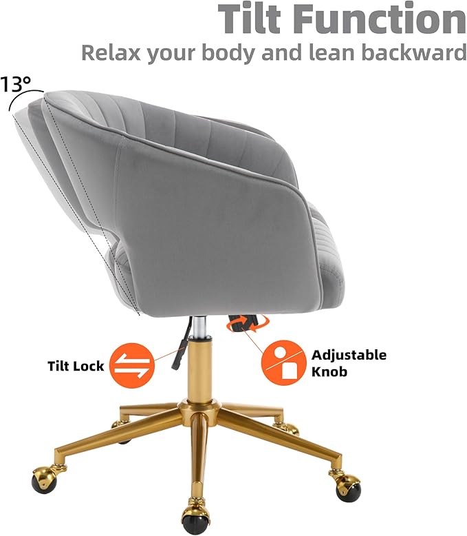 Westice Gray Home Office Desk Chairs, Modern Velvet Rolling Chair, Height Adjustable Swivel Vanity Chair with Golden Base, Ergonomic Chair for Study, Living Room Computer Room