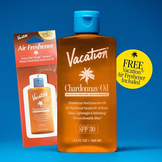 Vacation Chardonnay Oil SPF 30 & Air Freshener Bundle, Hydrating & Nourishing, Lightweight, Transparent on All Skin Tones, Water-Resistant, Travel Size Sunscreen, 3.4 Fl. Oz.