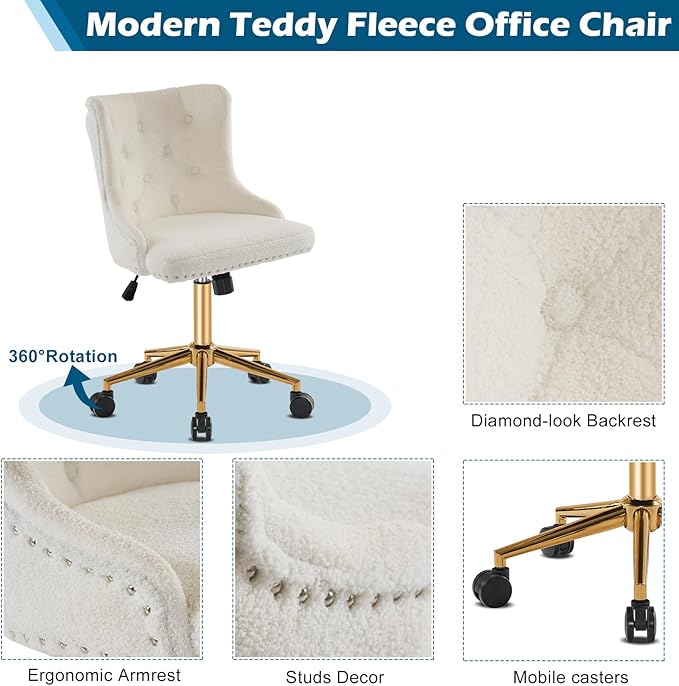 VINGLI White Teddy Fleece Armless Office Desk Chair with Gold Base/Wheels, Cute Vanity/Makeup Chair with Back for Bedroom, Upholstered Adjustable Rolling Swivel Nail Chair for Women/Girls