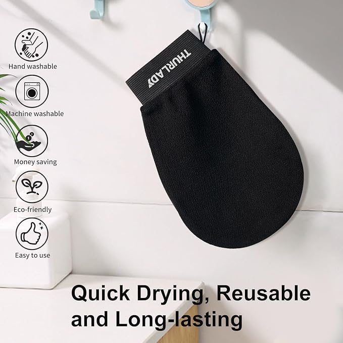 Exfoliating Glove, Korean Exfoliating Mitt Body Scrubber, Viscose Fiber Bath Shower Scrub Gloves, Dead Skin Remover for Body, Skin Care Tools for Smoother Skin, Self-Tan Prep & Removal, Black