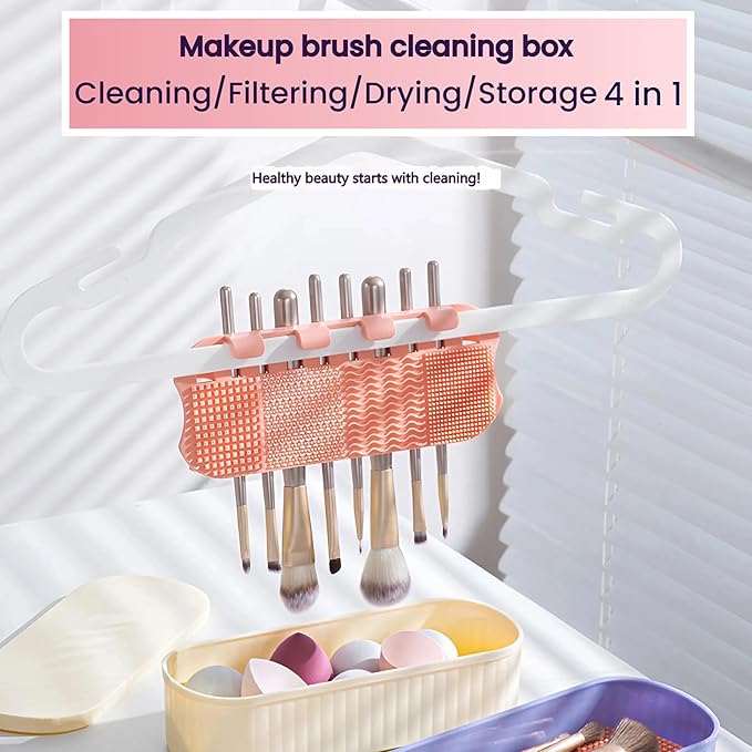 Makeup Brush Cleaner Mat, 4-in-1 Make Up Cleaning Box, 2 Pack Travel Organizer & Storage Holder with Quick-Dry Pad
