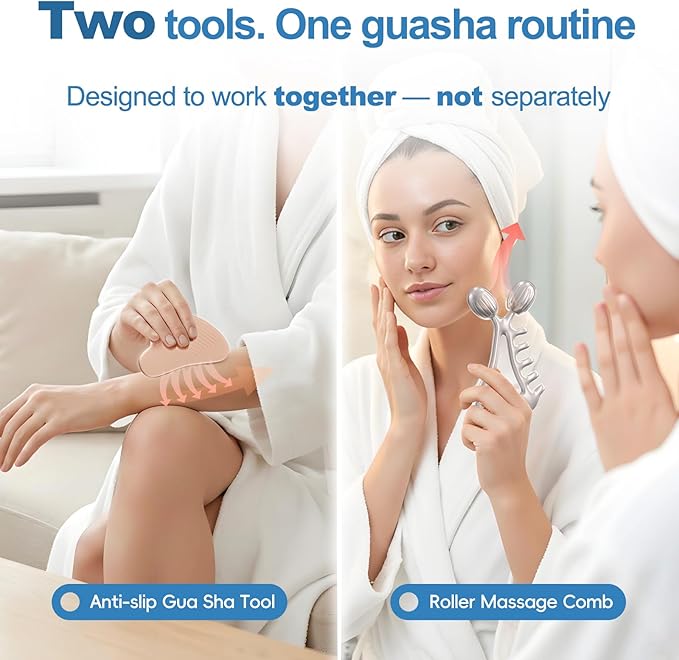 Gua Sha Facial Tools & Face Roller Set, Stainless Steel Facial Massager Tools for Lymphatic Drainage & Face Sculpting, Textured Guasha for Better Grip, Double Chin Reducer, Skincare Gift for Women