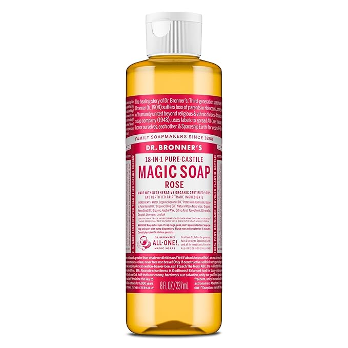 Dr. Bronner's - Pure-Castile Liquid Soap (Rose, 8 ounce) - Made with Organic Oils, 18-in-1 Uses: Face, Body, Hair, Laundry, Pets and Dishes, Concentrated, Vegan, Non-GMO