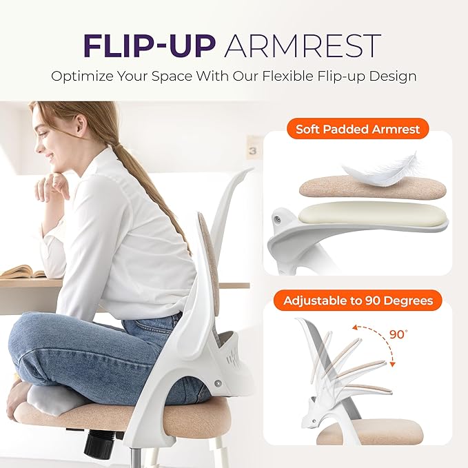 NEO CHAIR Office Desk Computer Gaming Ergonomic Chair with Lumbar Back Support Adjustable Height Swivel Wheels Flip-up Arms Mesh Chair for Home or Office (Beige)