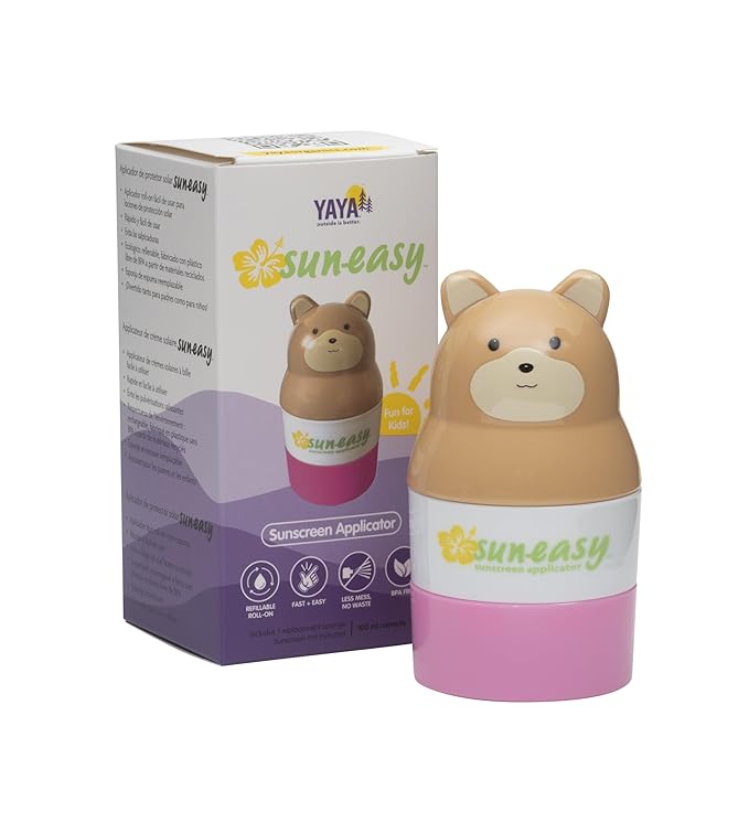 YAYA ORGANICS Sun-Easy Sunscreen Applicator, Refillable Roll-On with Sponge for Kids and Babies, Fun, Fast and Mess-Free application, Holds 100 ml, Bear/Pink Cap