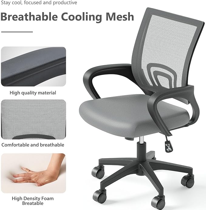 Home Office Chair, Ergonomic Mid-Back Mesh Desk Chair with Lumbar Support, Adjustable Swivel Rolling Design, Comfy Armrest for Work, Study, Gaming, Vanity (Light Gray, Single Chair)