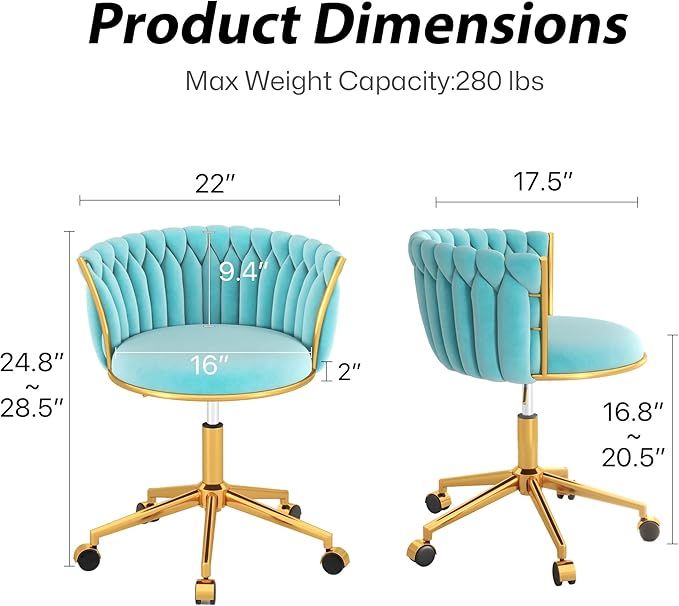 Velvet Woven Home Office Chair, Modern Swivel Desk Chair with Wheels, Height Adjustable Vanity Chair with Gold Metal Base and Hand Weaving Back for Bedroom Study Small Space, Cyan