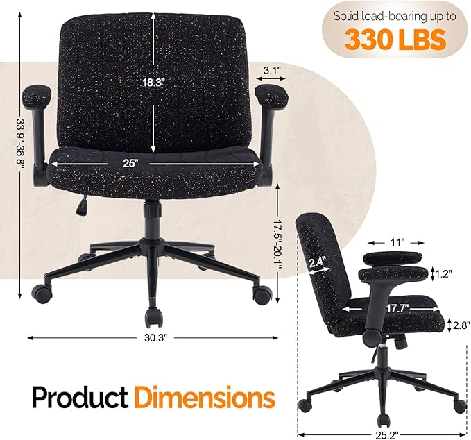 VINGLI Criss Cross Chair with Adjustable Flip-Up Arms,Cross Legged Chair with Wheels,Extra Wide Office Chair,Desk Chair for Home Office,Vanity,Bedroom, Apartment,Starry Chenille,Black