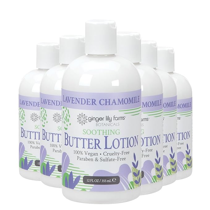Ginger Lily Farms Botanicals Soothing Butter Lotion for Dry Skin, 100% Vegan & Cruelty-Free, Lavender Chamomile Scent, 12 Fl Oz (Pack of 6)