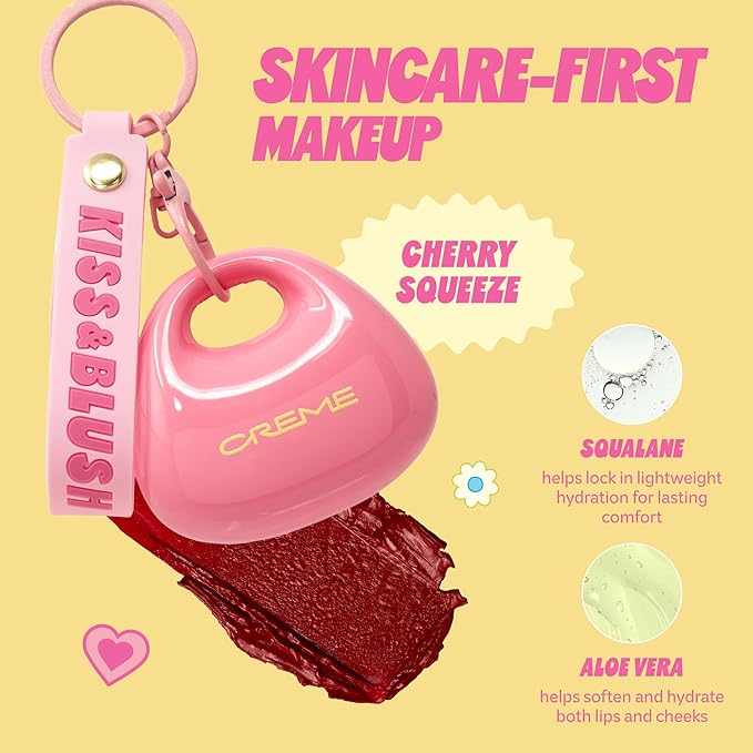 The Crème Shop Kiss & Blush Tinted Lip Balm & Blush, Korean Makeup for Lips & Cheeks, Cute Charm Key Chain, Hydrating, Long Lasting Tint, Aloe, Squalane (Cherry Squeeze)