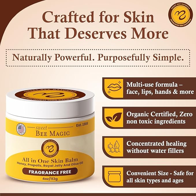 Sweet Bee Magic Organic Honey Bee Balm for Face, Skin & Body - All in One Honey Balm - Beeswax Body Moisturizer - All Natural Aid - 1 jar (4oz)