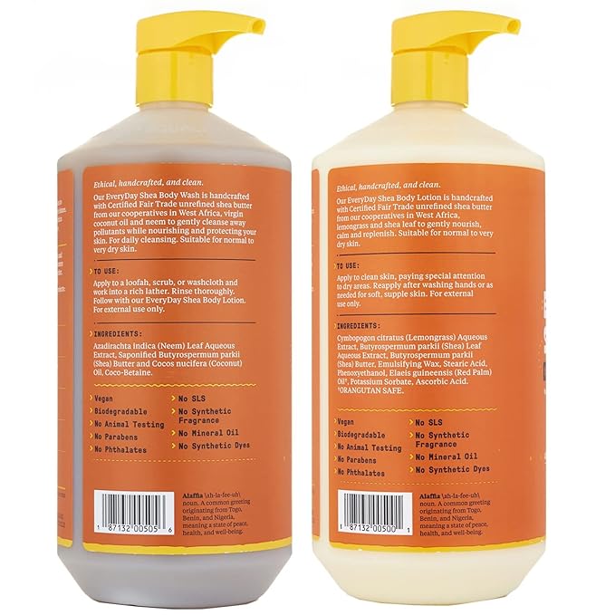 Alaffia EveryDay Shea Body Lotion and Body Wash Bundle - Moisturizes and Cleanses Soft and Supple Skin with Shea Butter, Lemongrass, Neem and Coconut Oil, Unscented, 32 Fl Oz Each
