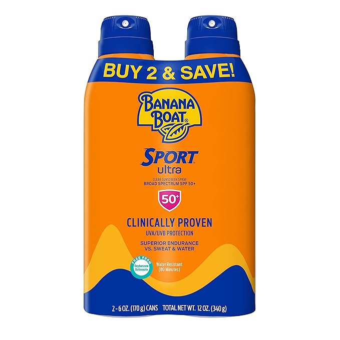 Banana Boat Sport Ultra SPF 50 Sunscreen Spray Twin Pack and Hawaiian Tropic SPF 25 Tanning Oil Spray Sunscreen
