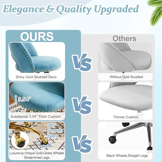 VINGLI Modern Velvet Small Office Chair,Cute Desk Chair with Wheels,Gold Base/Studs, Comfy Armless Swivel Vanity Task Chair for Women/Girl/Kids, Nail Tech Chair for Bedroom,Small Space,Cruising Blue