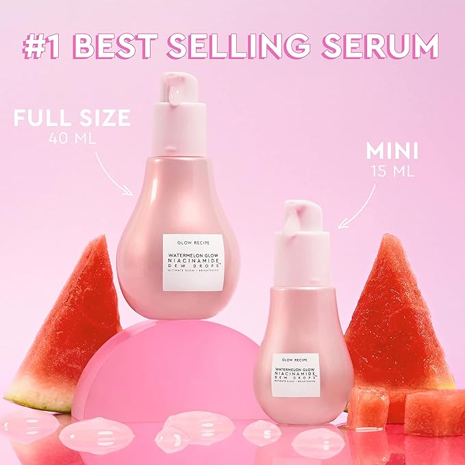 Glow Recipe Watermelon Glow Niacinamide Dew Drops Serum (15 ml) + PHA + BHA Pore Tight Facial Toner (40 ml) + Plum Plump Hyaluronic Cream (20 ml) - Vegan Skin Care for Glowing Skin