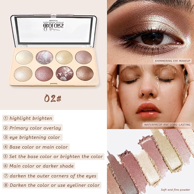 Baked Shimmer Makeup Palette, 8-Color Neutral Champagne Gold Eyeshadow & Highlight Palette – High Pigment Soft Glow, No Fallout, Long-Lasting Eye Makeup for Everyday Radiant Looks 2#