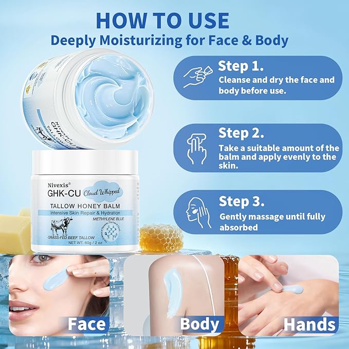 Copper Peptides GHK-Cu Whipped Beef Tallow for Skin, Grass Fed Beef Tallow and Honey Balm for Face & Body, with Methylene Blue Anti-Aging Moisturizer, Suitable for All Skin Types, 2 Oz