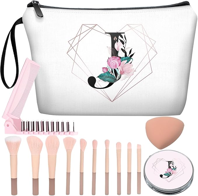 Personalized Initial J floral Makeup Bag set with Mirror for Women,White Ietter travel Cosmetic bag kit for Bride Bridesmaid with10 pieces pink brush set,Initial Gifts for Girls Mom femal Friends