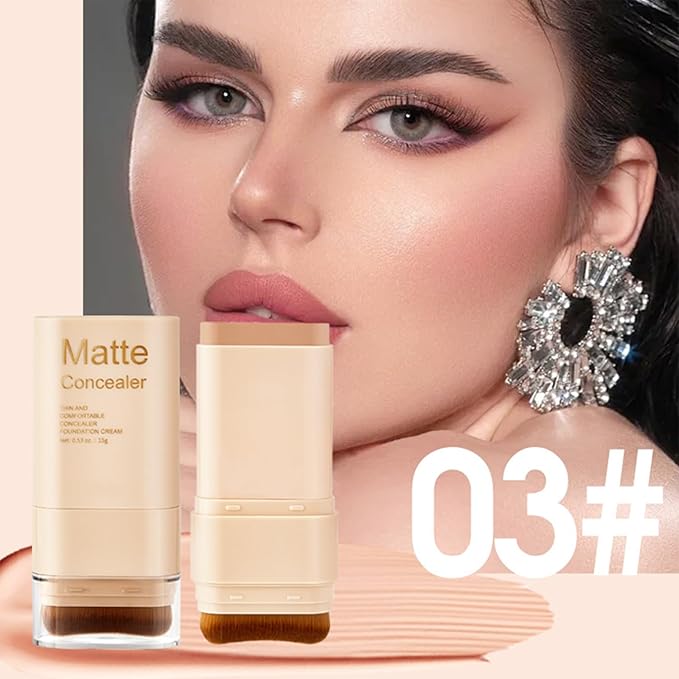 Foundation Stick, 2 in 1 Dual-Ended Eraser Contour Stick with Brush, Tinted Moisturizer, Skin Tint, Face Foundation, Radiant & Dewy Finish for Face Makeup, Sheer to Medium Coverage (＃3)