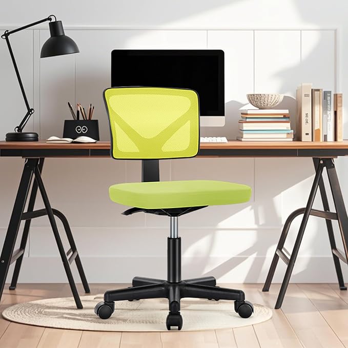 NEWBULIG Home Office Desk Chair, Armless Ergonomic Swivel Computer Chair with Wheels, Adjustable Height and Low-Back Mesh Design, Rolling Chair with Lumbar Support and Comfortable Seat, Green