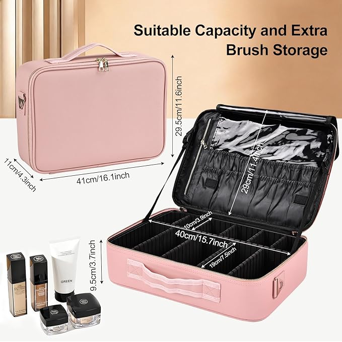 Large Travel Makeup Case, Professional Makeup Train Case Organizer for Women, Cosmetic Brush Bag Holder Waterproof Makeup Artist Storage Box with Adjustable Dividers and Shoulder Strap, Leather Pink