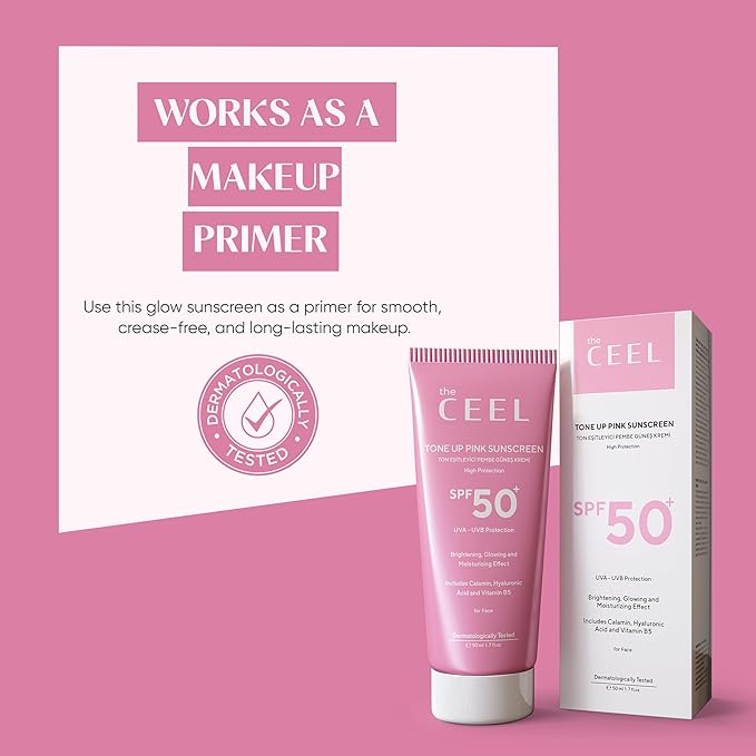 The Ceel Pink Tone Up Sunscreen for Face with SPF 50+ & Hyaluronic Acid - Brightening, Glowing & Moisturizing Facial Primer with Calamine & Vitamin B5 for All Skin Type - Paraben & Perfume Free - 50ml