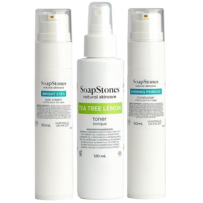 Soapstones Evening Primrose Facial Moisturizer, Lemon Tea Tree Toner and Bright Eyes Moisturizing Eye Cream for Dark Circles & Spot Defense