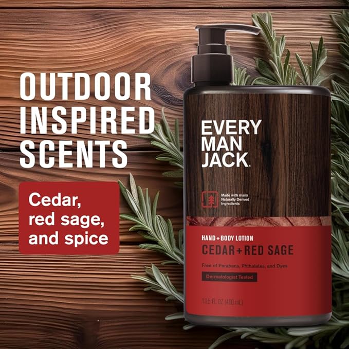 Every Man Jack Mens Cedar + Red Sage Hand & Body Lotion for All Skin Types - Dermatologist Tested & Hypoallergenic - Nourish Skin with Lightweight Fast Absorbing Lotion - 13.5oz (2 Pack)
